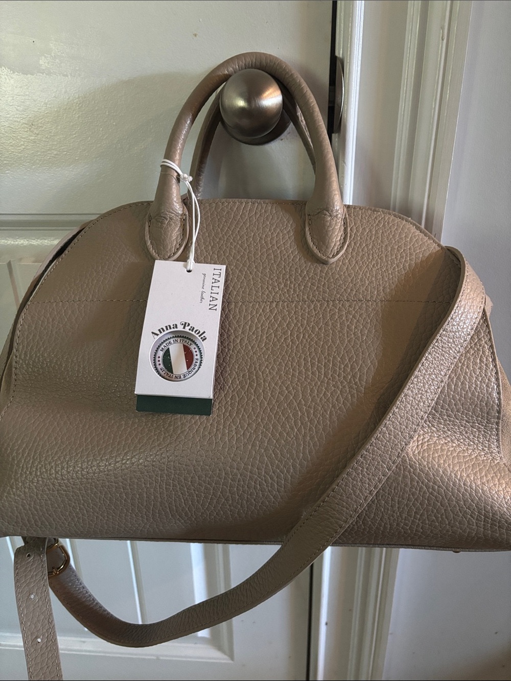 Anna Paola Taupe Leather Satchel withCrossbody Strap